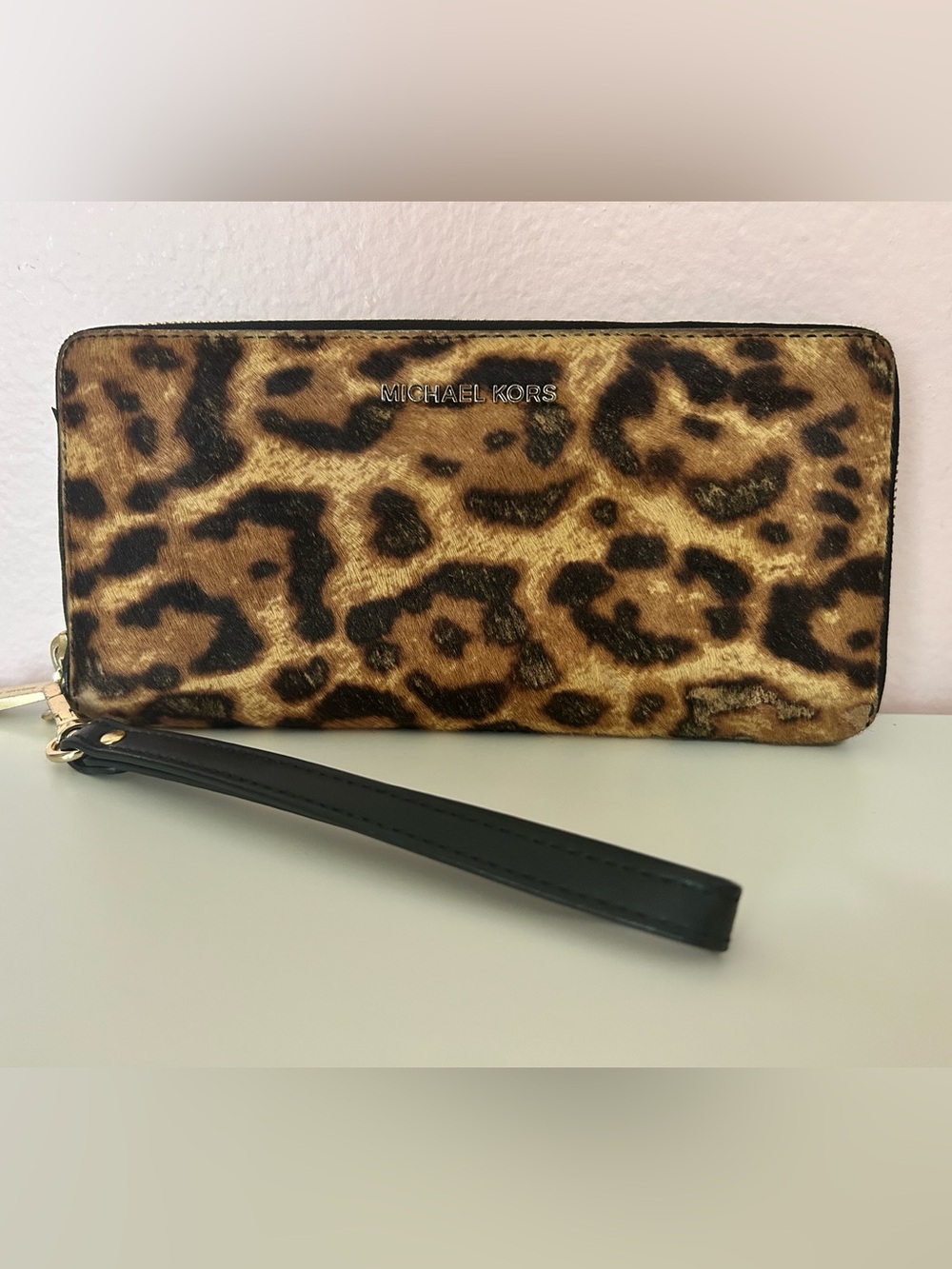 Michael Kors Calf Hair Leopard Print Large Continental Wristlet Wallet